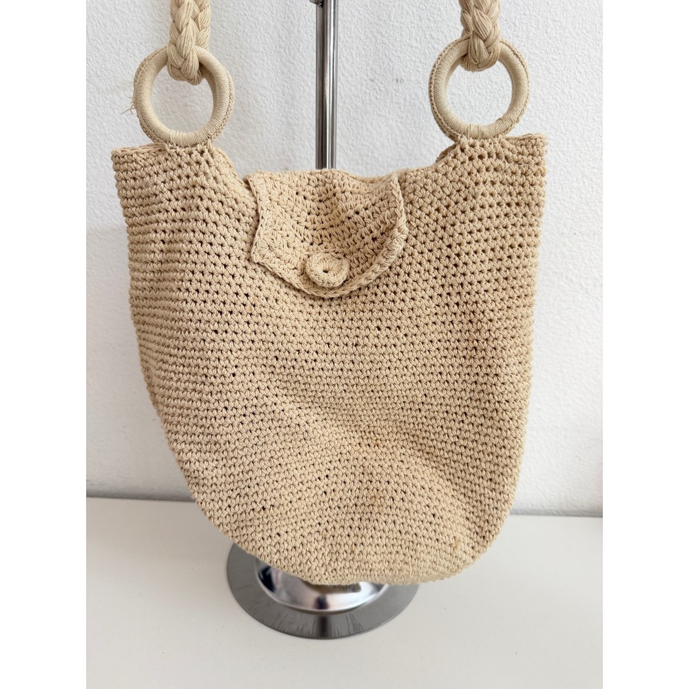 Boho Beige Crochet Shoulder Bag Braided Rope Strap Summer Beach Tote Neutral - Picture 2 of 5
